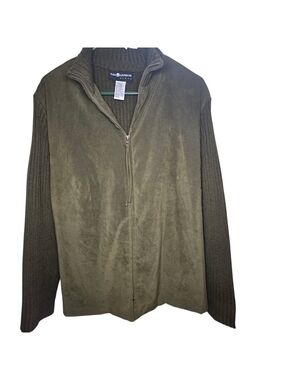 Sag Harbor Olive Green Faux Suede Rib Knit Full Zip Cardigan Jacket 18W